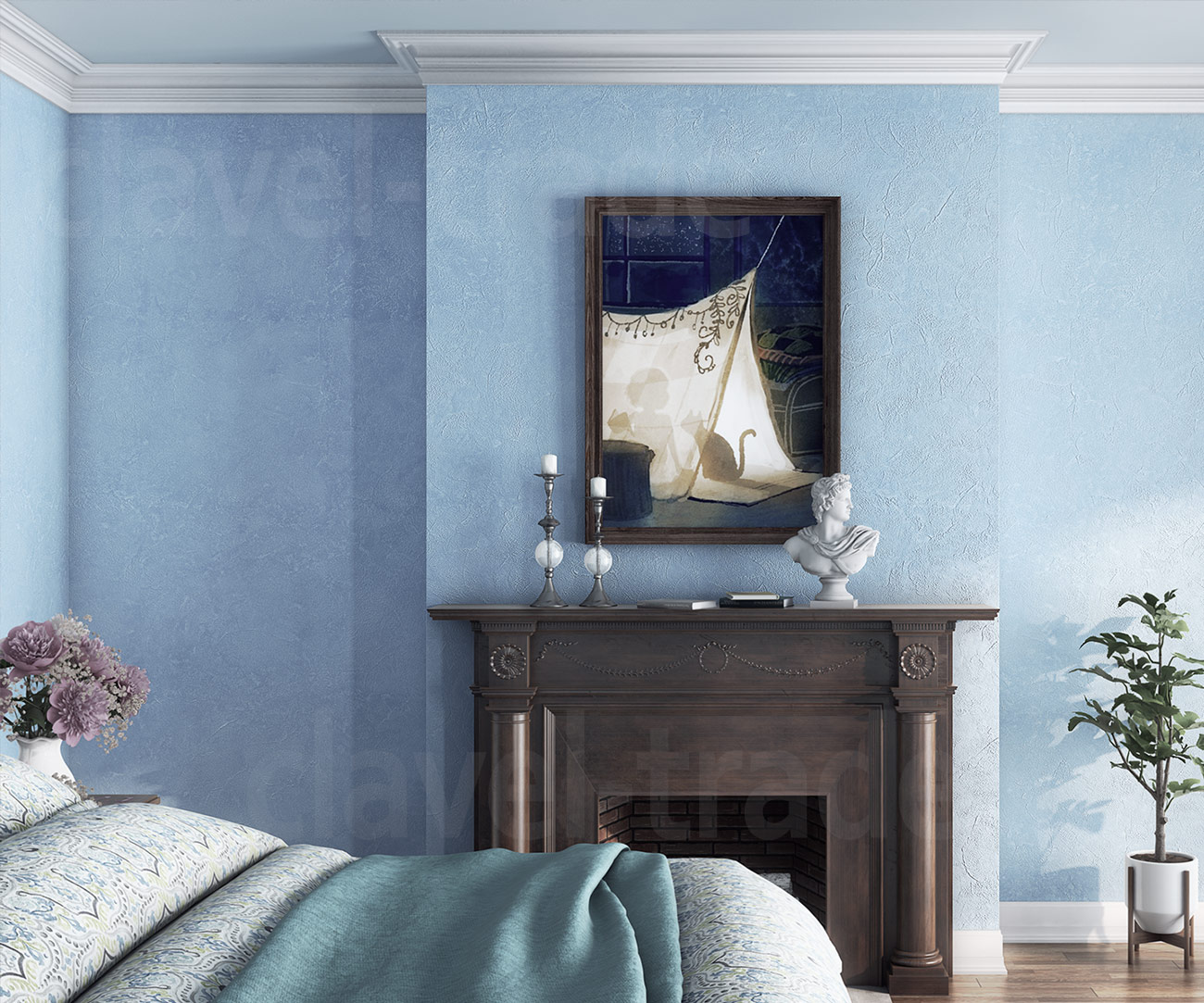 Декоративная штукатурка в спальне - покрытие Riviera с натуральными волокнами создает эффект потертых стен в стиле прованс